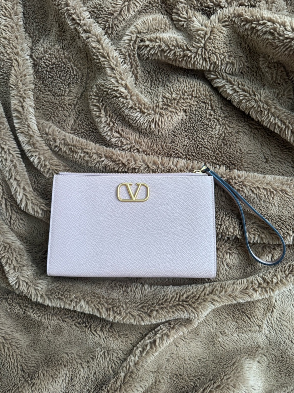 Valentino Pale Pink Leather Wristlet with Gold V Logo